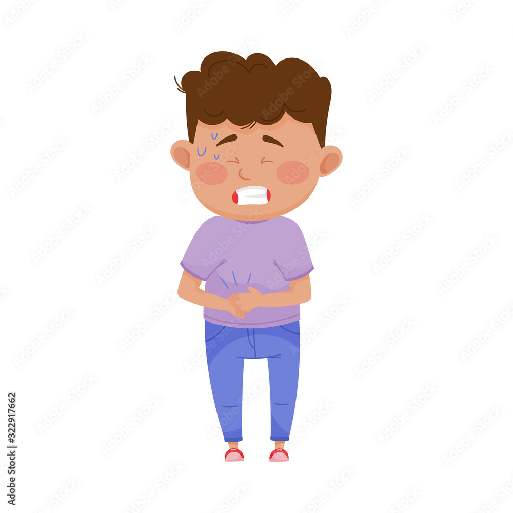 Little Boy Standing with His Hands on His Stomach Because of Pain Vector Illustration