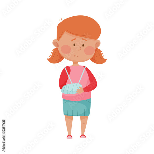 Little Girl Standing with Bandaged Arm Vector Illustration