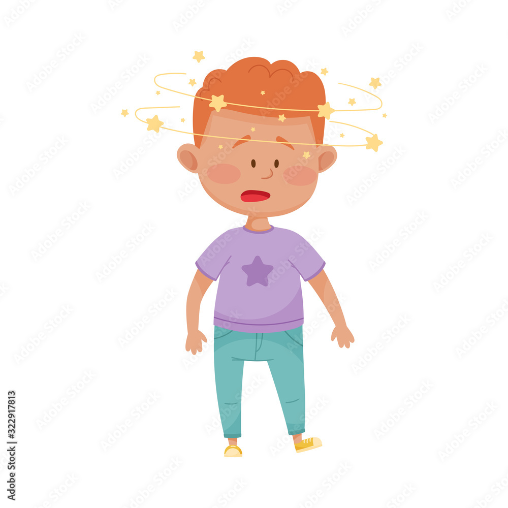 Little Boy Standing and Feeling Giddy Vector Illustration