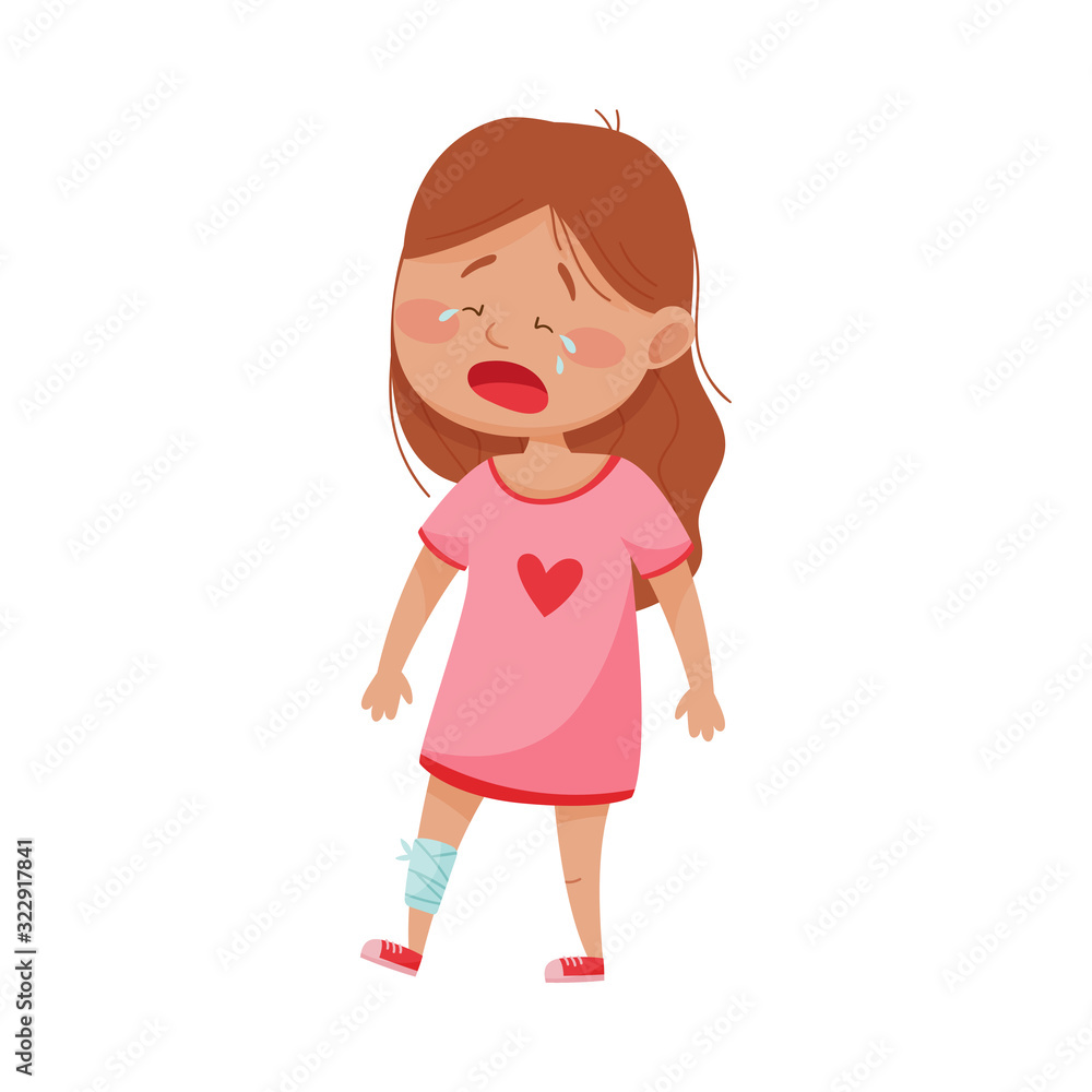 Little Girl Standing with Bandaged Leg and Crying Because of Pain Vector Illustration Little Girl Standing with Bandaged Leg and Crying Because of Pain Vector Illustration