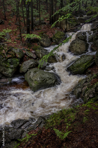 Mountain stream. Mountain nature with stones and stream.
