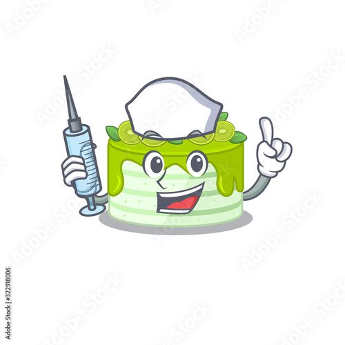 A kiwi cake hospitable Nurse character with a syringe