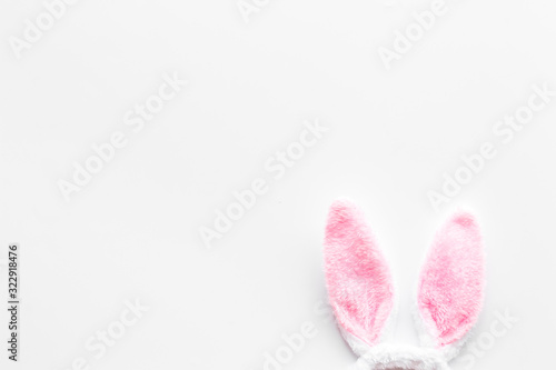 Easter bunny's ears on white background top-down copy space