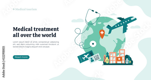 Organization of medical tourism and treatment all over the world. Vector illustration with Earth, atlas, clinic building. Globe on white background with stethoscope, airplane. Flyer, web page concept. photo