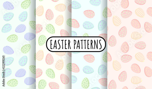 Set of Easter eggs in pastel colors seamless patterns. Collection of cute Ostara colored eggs vector wallpapers in flat style background texture tiles