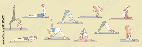 Set of people doing yoga concept. Group of young boys and girls are standing in yoga posture or asana. Men and women use different asanas to reach harmony and healthcare. Simple flat vector