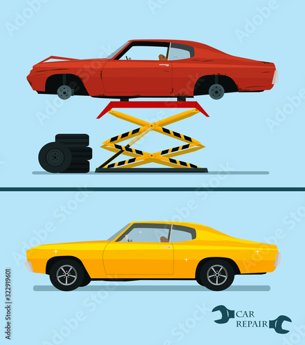 Classic car repair, before and after. Vector illustration.