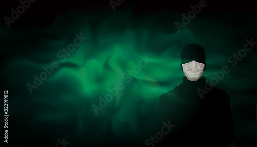 Man with medical mask on background of green blue poisonous dangerous haze, smoke. Spread of the virus, coronavirus, epidemic. Contaminated green fog. Quarantined zone. Masked man. Vector illustration
