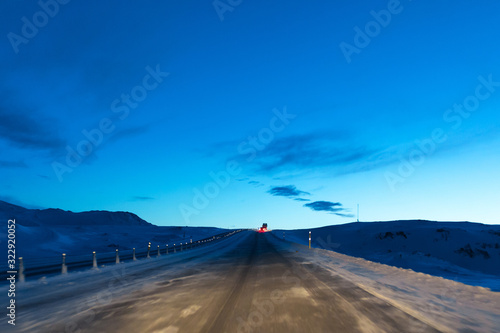 Picturesque winter landscape of Iceland. The perfect road to perspective