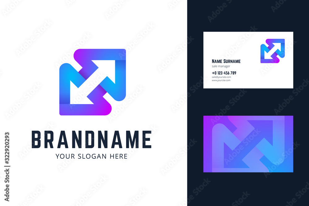 Logo and business card template with two arrows. Vector illlustration in modern gradient, origami style. Logo and business card template with two arrows. Vector illlustration in modern gradient, origami style.