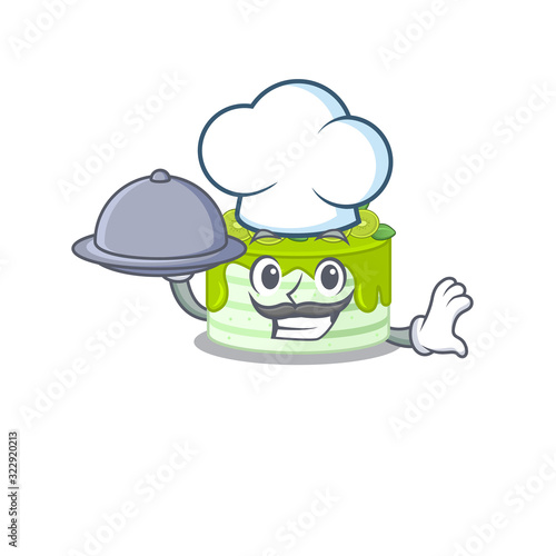 A picture of kiwi cake as a Chef serving food on tray