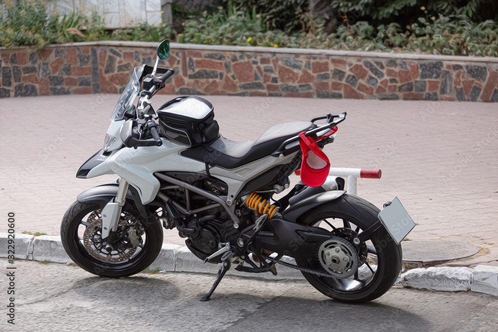 Motorcycle parked at the curb. City photo. Europe