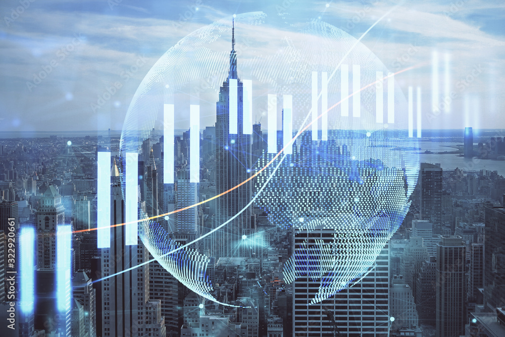 Forex graph on city view with skyscrapers background double exposure. Financial analysis concept. Forex graph on city view with skyscrapers background double exposure. Financial analysis concept.