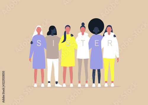 Sisterhood, a group of young female characters embracing and supporting each other, feminism, unity
