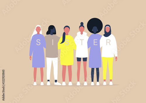 Sisterhood, a diverse group of young female characters embracing and supporting each other, feminism, unity