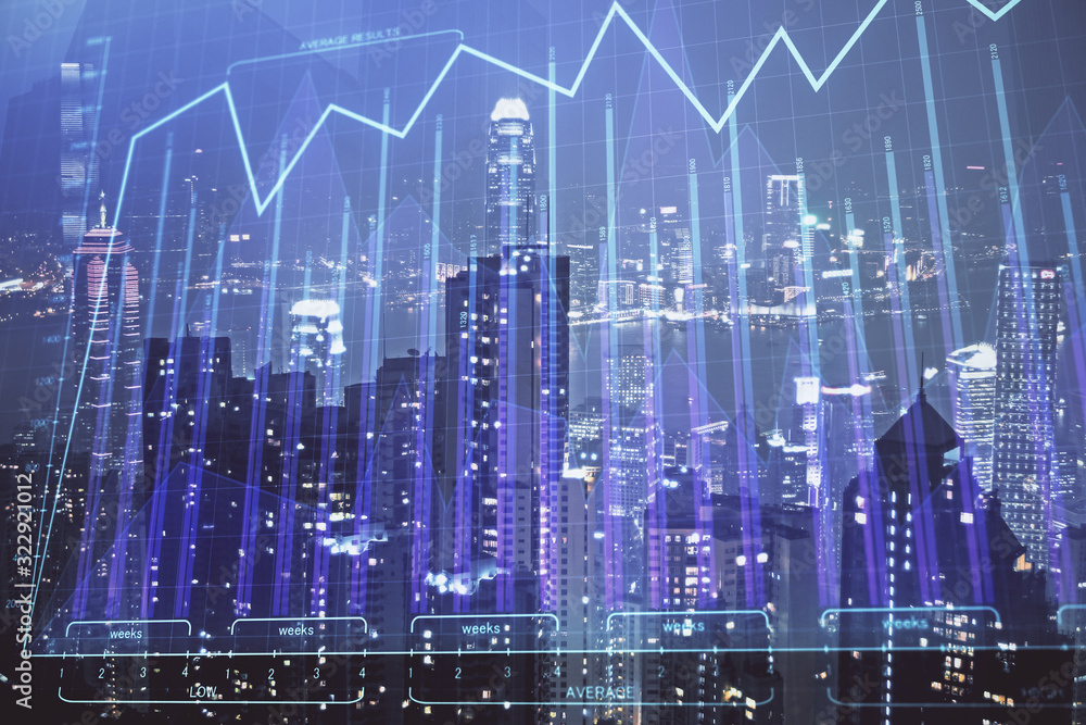 Double exposure of forex chart drawings over cityscape background. Concept of success.