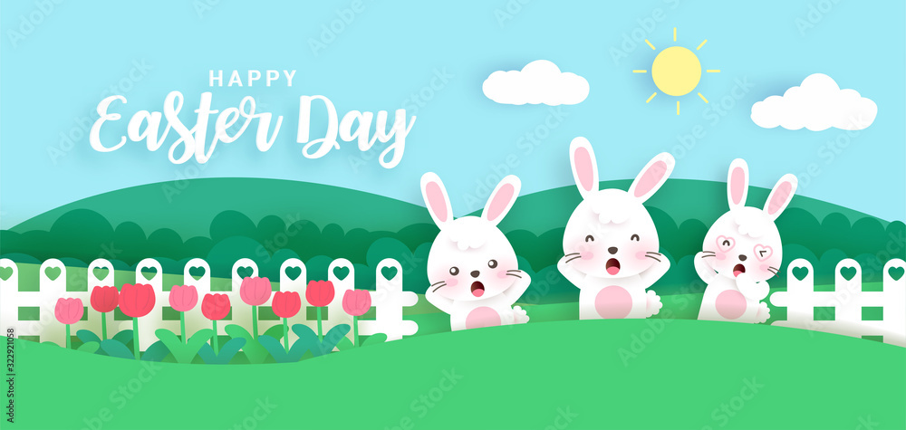 Easter's day banner with cute rabbits in the garden. paper cut and craft style .