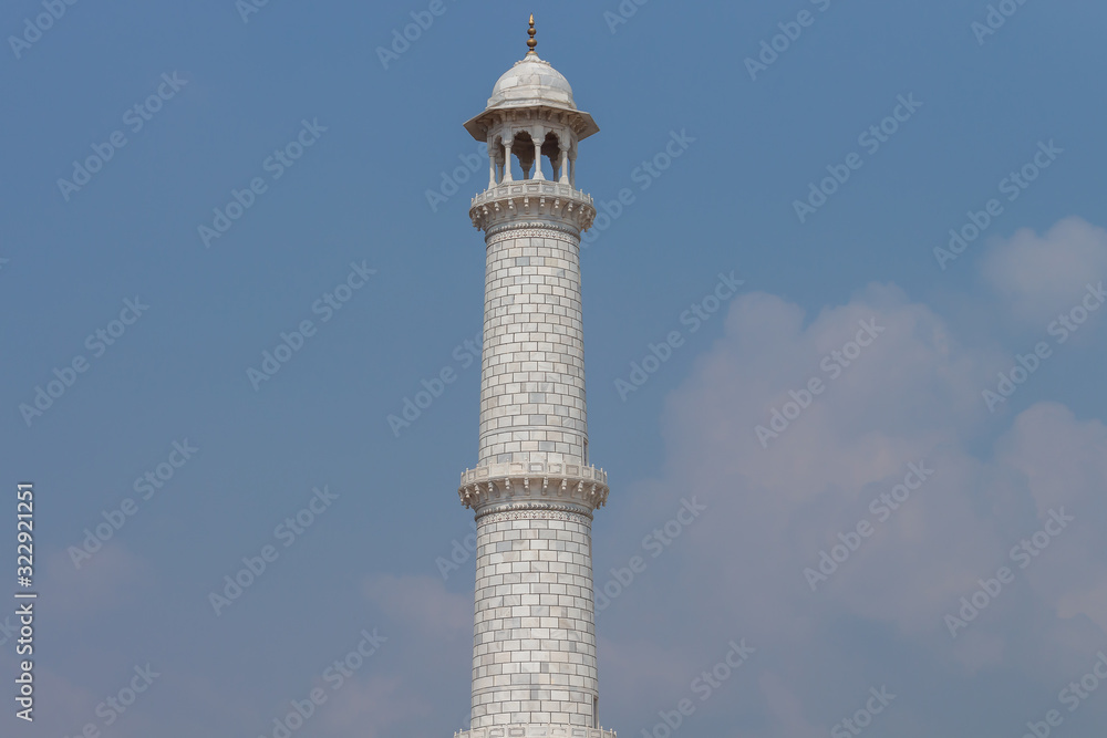 Minaret of Taj Mahal, a UNESCO world heritage site in Agra, India