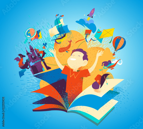 Ragazzo che appare da un libro. Leggere libri come un'avventura. Immaginazione, racconti, storie, scoperte per bambini. Copertina per libri colorata per bambini. Illustrazione vettoriale
