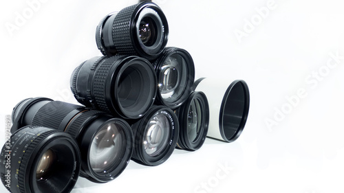 Collection of camera lens isolated on white background.