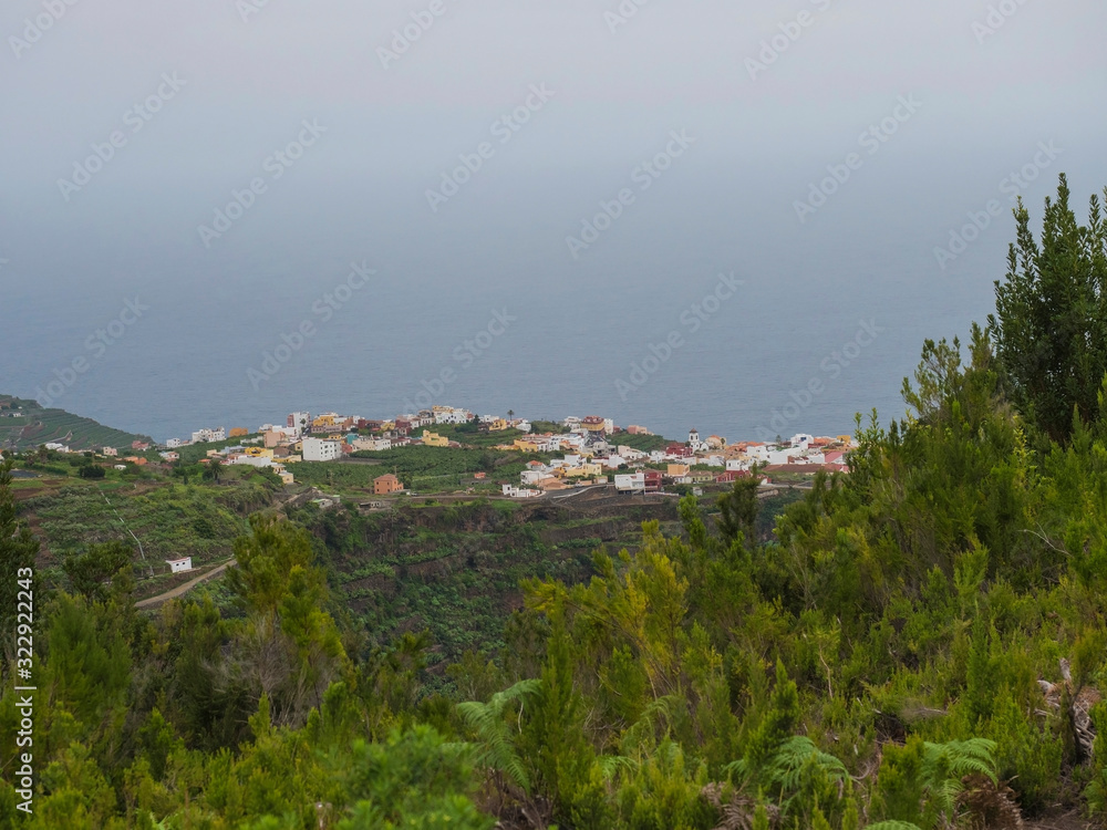 Aerial view on village Los Sauces, San Andres y Sauces at the end of hiking trail to Los Tilos bosque at beautiful nature reserve on La Palma, Canary islands, Spain