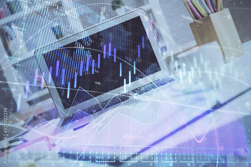 Stock market graph and table with computer background. Double exposure. Concept of financial analysis. Stock market graph and table with computer background. Double exposure. Concept of financial analysis.