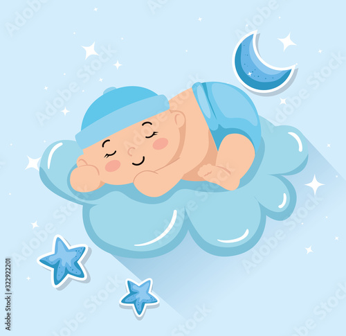 cute little baby boy sleeping in cloud vector illustration design