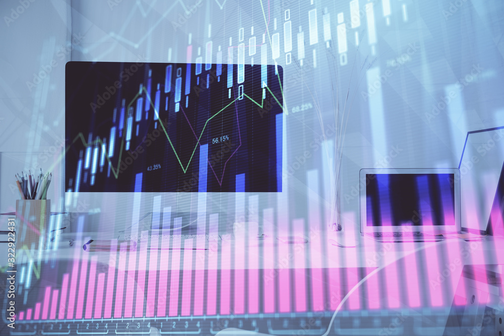 Forex Chart hologram on table with computer background. Multi exposure. Concept of financial markets. Forex Chart hologram on table with computer background. Multi exposure. Concept of financial markets.