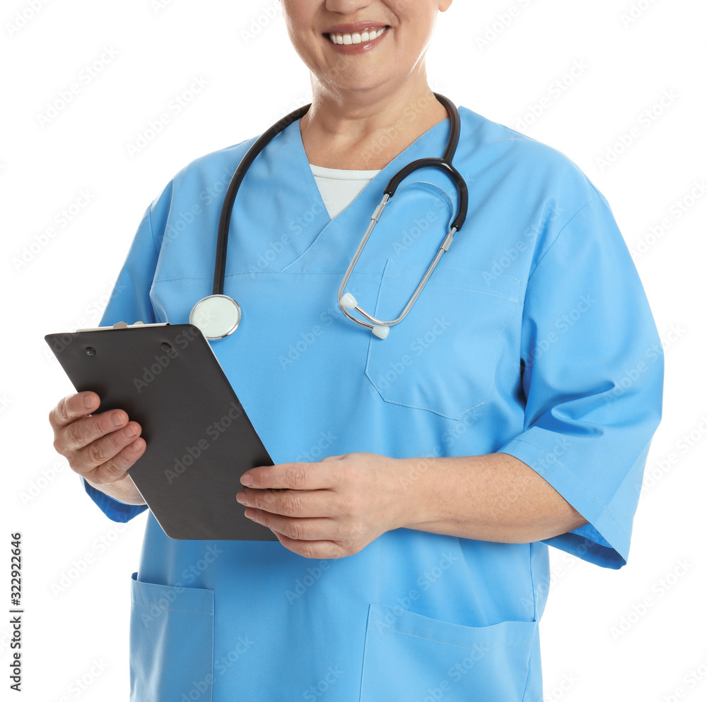 Mature doctor with clipboard on white background, closeup Mature doctor with clipboard on white background, closeup