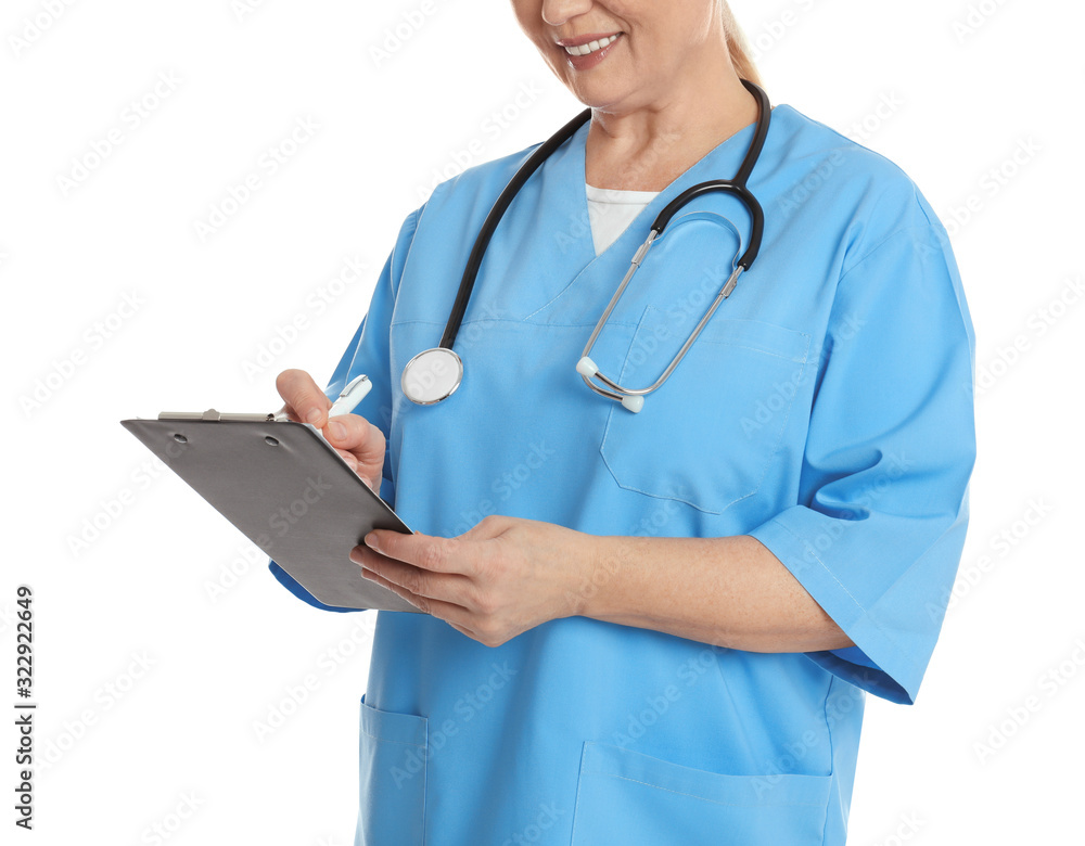 Mature doctor with clipboard on white background, closeup Mature doctor with clipboard on white background, closeup