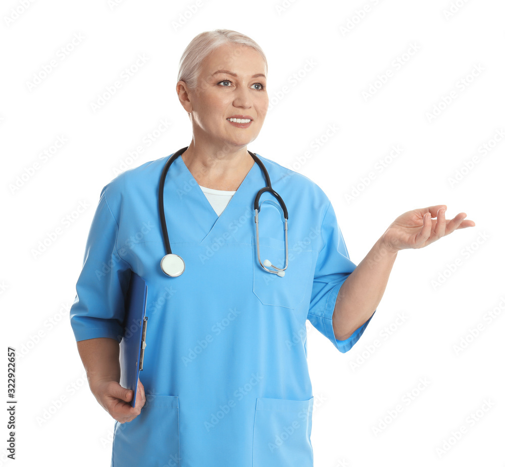Mature doctor with clipboard and stethoscope on white background Mature doctor with clipboard and stethoscope on white background
