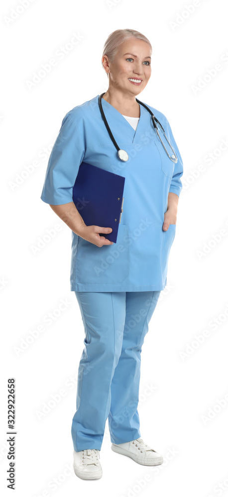 Mature doctor with clipboard and stethoscope on white background