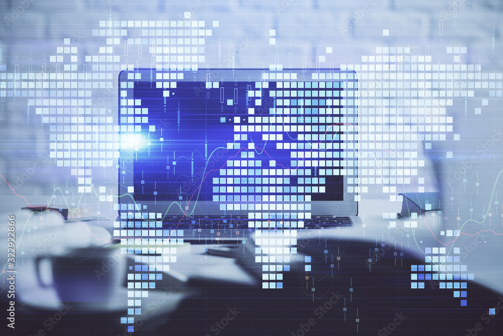 Multi exposure of business theme icons and work space with computer background. Concept of success. Multi exposure of business theme icons and work space with computer background. Concept of success.