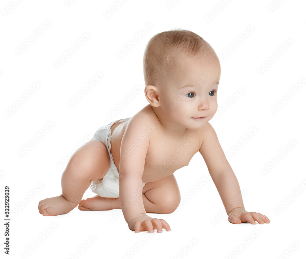 Cute little baby in diaper on white background Cute little baby in diaper on white background
