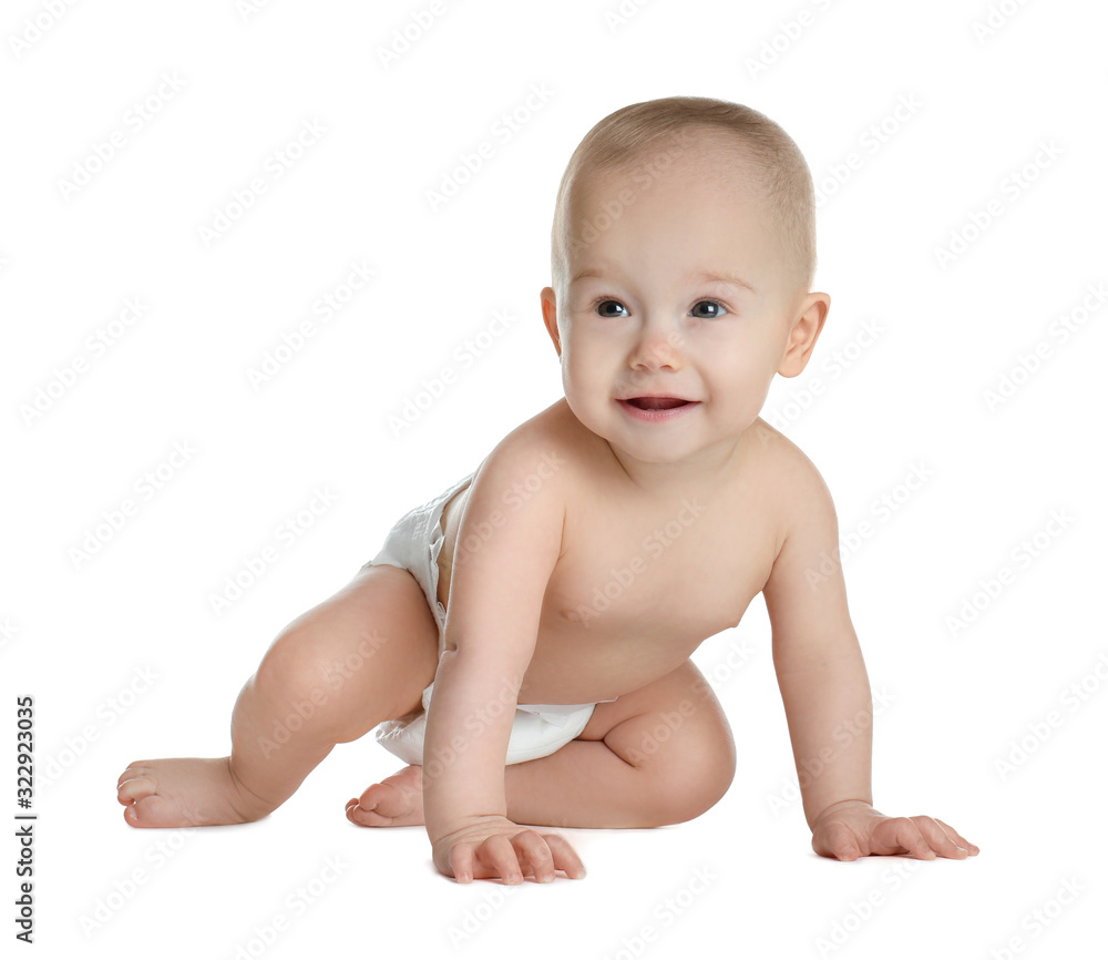 Cute little baby in diaper on white background Cute little baby in diaper on white background