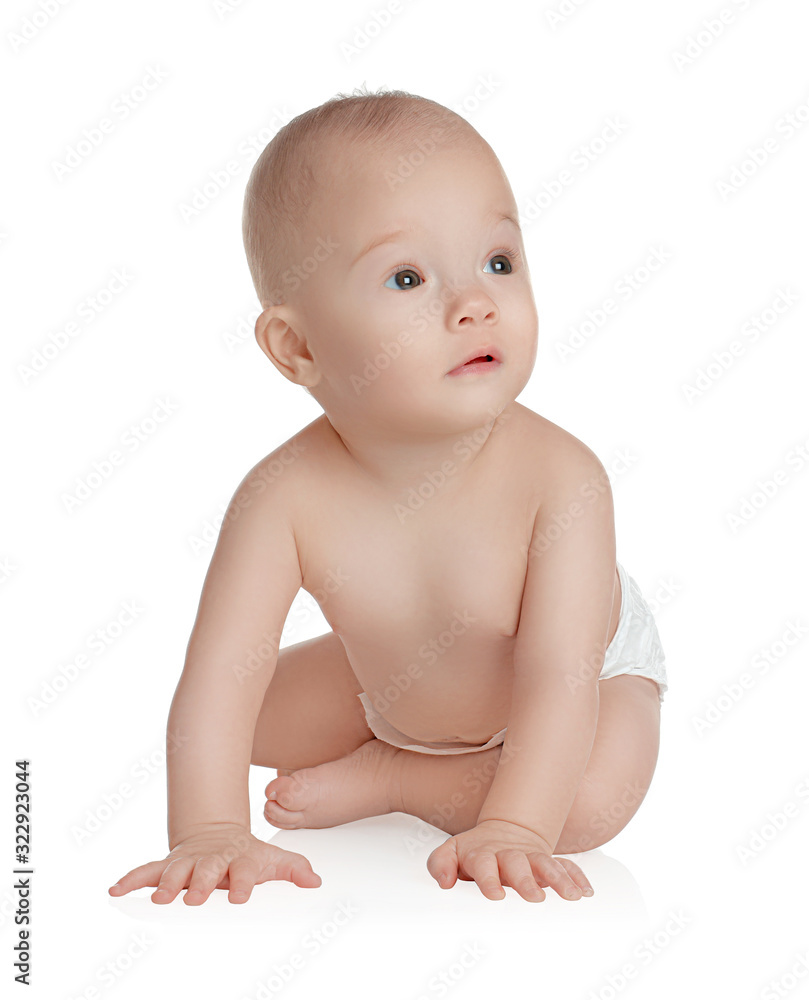 Cute little baby in diaper on white background Cute little baby in diaper on white background