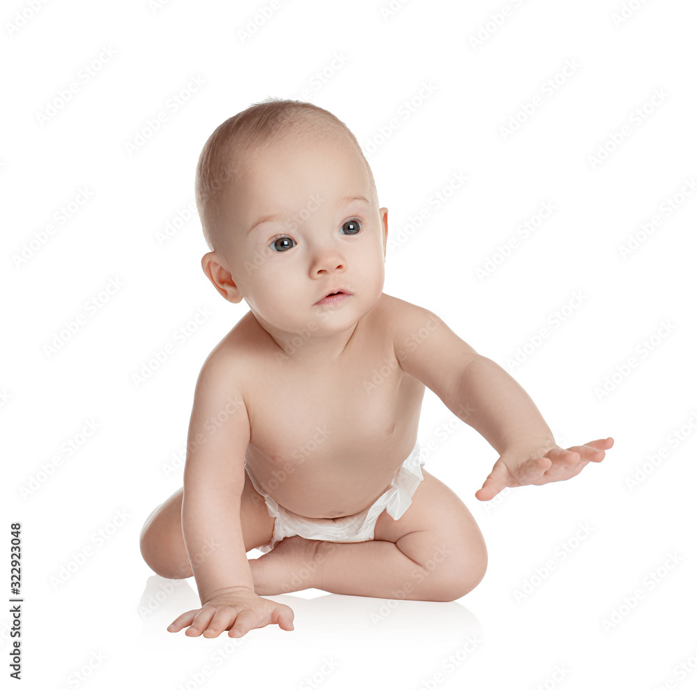 Cute little baby in diaper on white background Cute little baby in diaper on white background