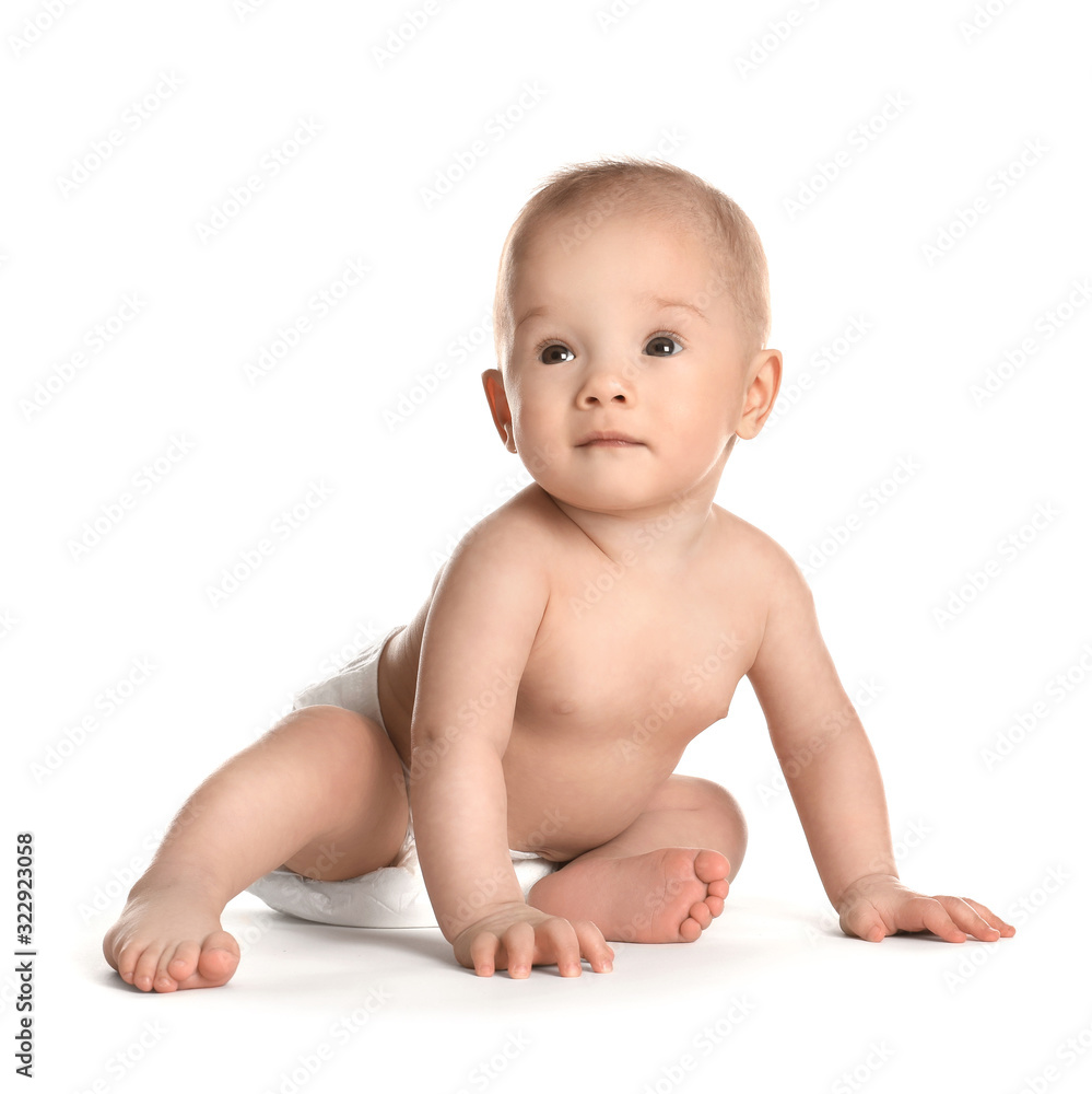 Cute little baby in diaper on white background Cute little baby in diaper on white background