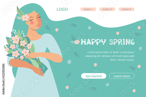 Landing page template for spring design on the theme happy women s day. Web page design for March 8. Beautiful woman with a bouquet of flowers. Flat vector illustrations. Design banner, website, app.