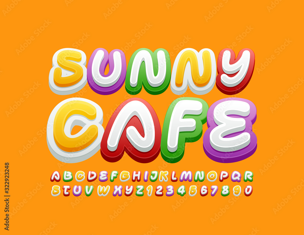 Vector colorful logo Sunny Cafe with trendy Alphabet Letters and Numbers. Bright Children Font