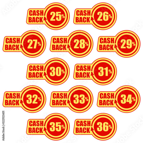 Cashback twenty five - thirty six percent, icon set. Concept for sticker, tag, label, infographic element. Vector illustration.
