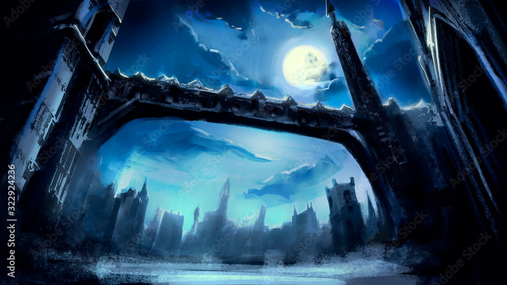 Fototapeta premium Piękne zimowe miasto fantasy z gotyckimi wieżami i długim mostem, w dynamicznej perspektywie, na tle nocnego nieba z księżycem w pełni i pięknymi chmurami. Ilustracja 2D.