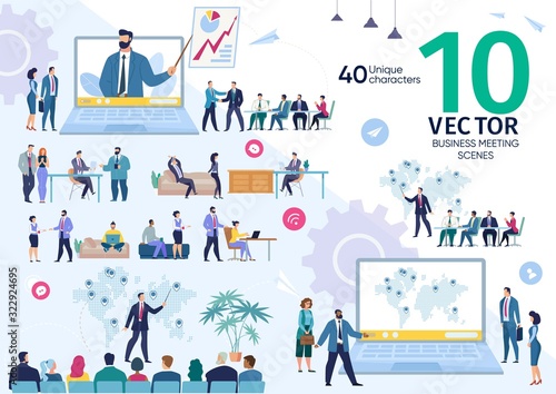 Business Company Employees Team Life Scenes and Work Situations, Office Meeting, Project Strategy Presentation, Investors Negotiation, Planning Expansion Concepts Trendy Flat Vector Illustrations Set