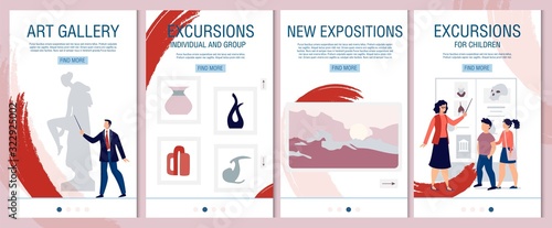 Individual, Group Excursion to Art Gallery, History Museum Mobile Onboard Landing Page Set. Invitation to Visit New Expositions. Advertisement for Kids and Adults. Vector Phone Screens Illustration