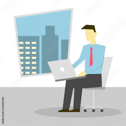 Businessman sitting on chair and working on laptop on lap by the window vector illustration