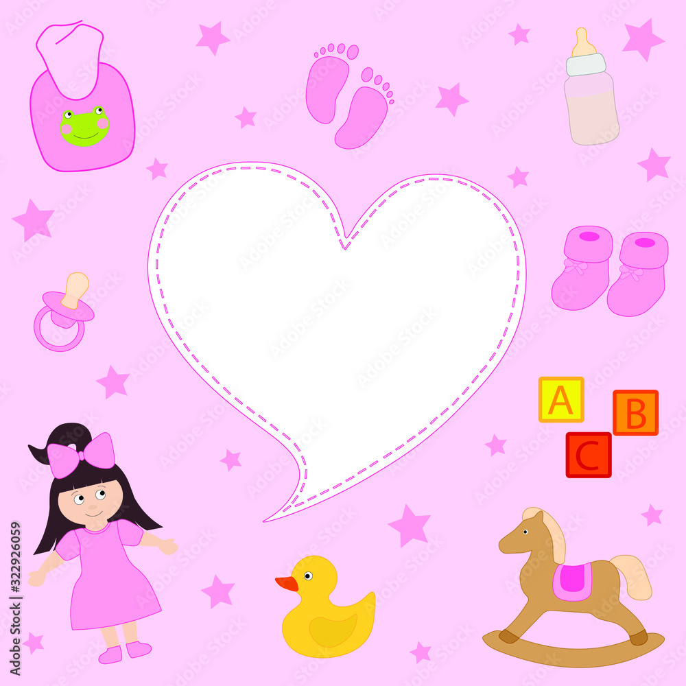 Baby birth card vector flat illustration. Cute newborn kids girl. Baby birth card vector flat illustration. Cute newborn kids girl.