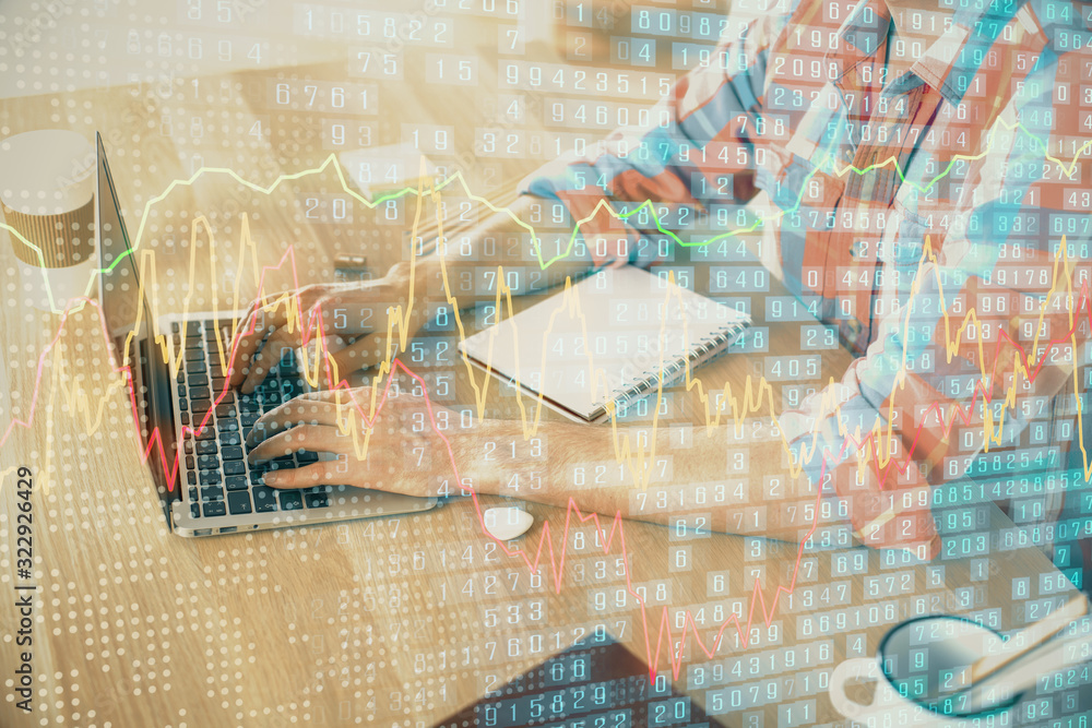Multi exposure of forex graph with man working on computer on background. Concept of market analysis. Multi exposure of forex graph with man working on computer on background. Concept of market analysis.