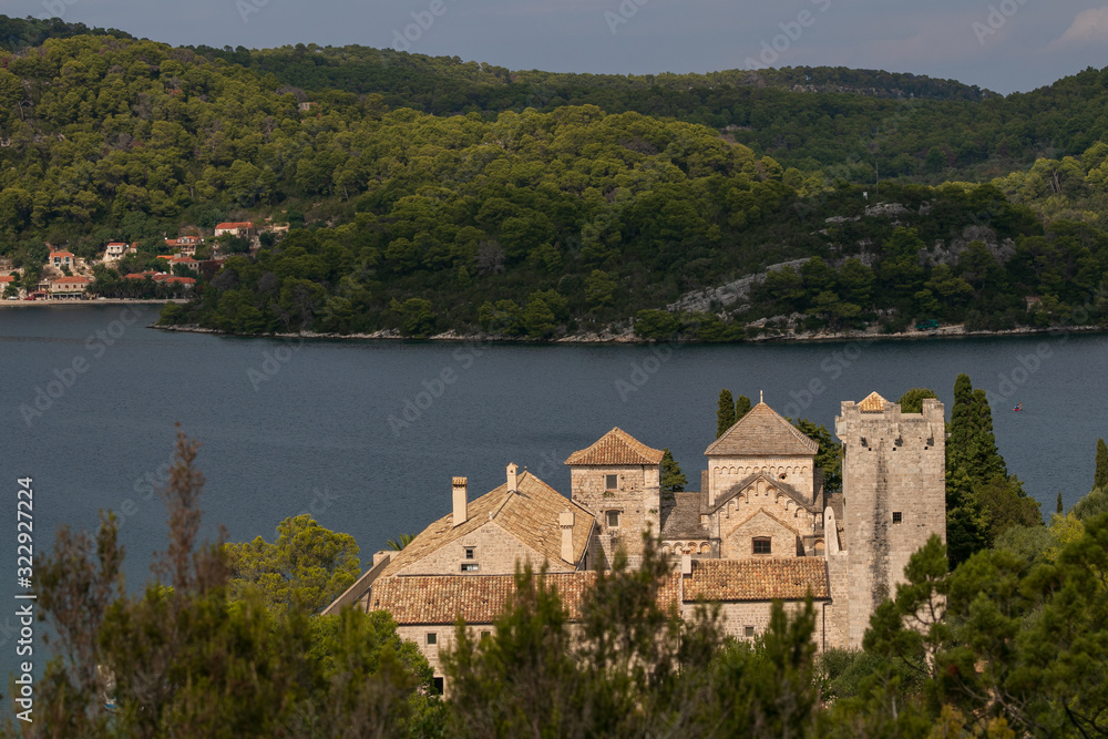 fantastic view to the old Bendectine Monastery, St Mary island, Mljet, Croatia