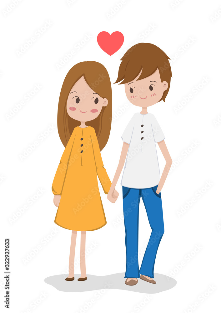 Cute young couple are holding hands, have smiles and love. Vector illustration. Cute young couple are holding hands, have smiles and love. Vector illustration.