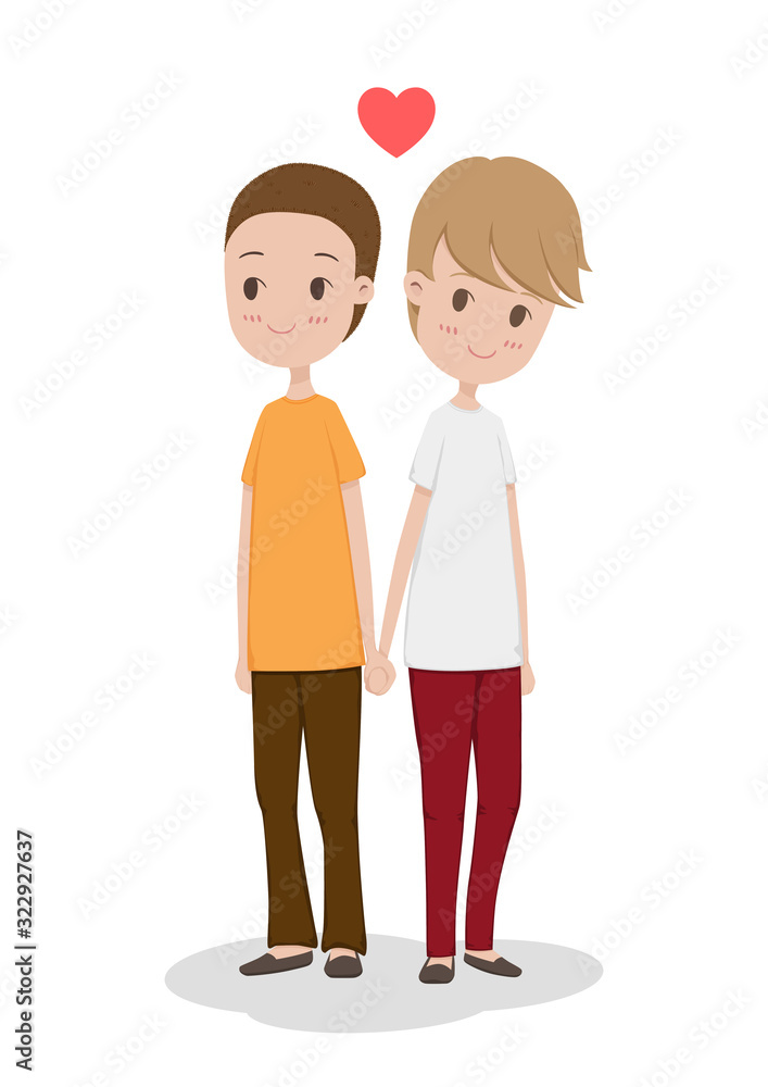Cute boy couple holding hands. Two young boys have smiles and love. Vector illustration.